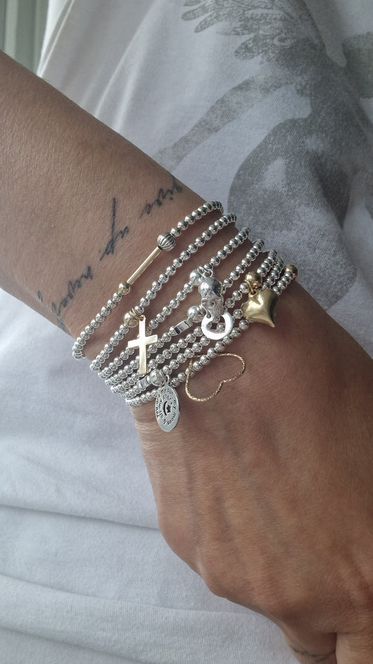 Silver Bobble Bracelet - Gold Cross