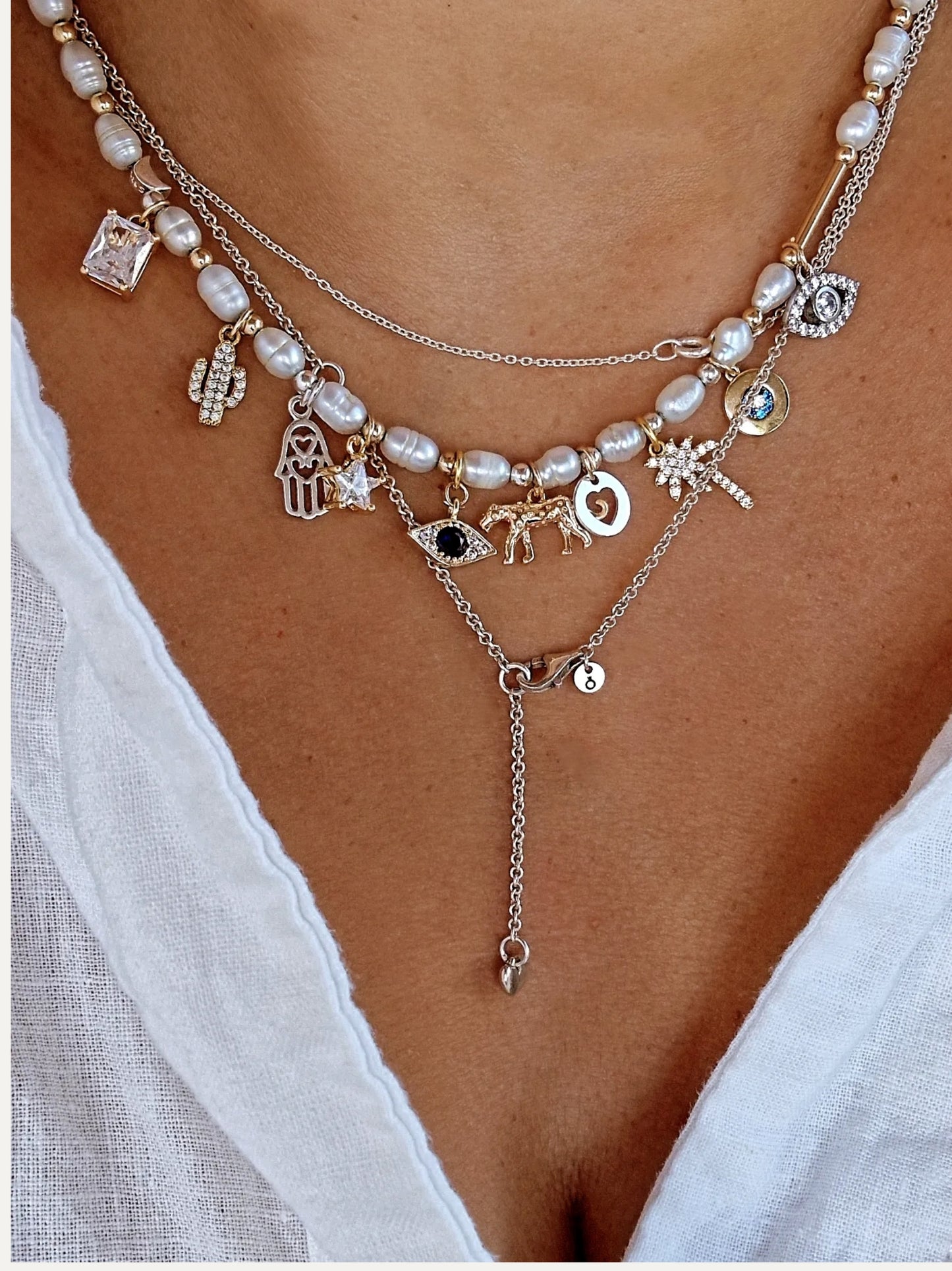 Pearl,Gold & Silver Charm Necklace - Gold & Silver Charms