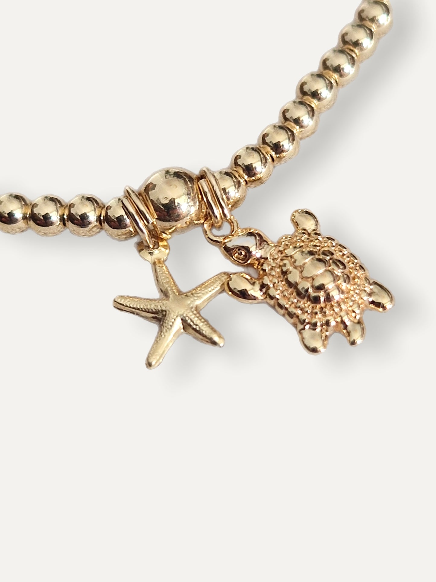 Gold Bobble Bracelet - Gold  'Turtle' & 'Starfish' Charms