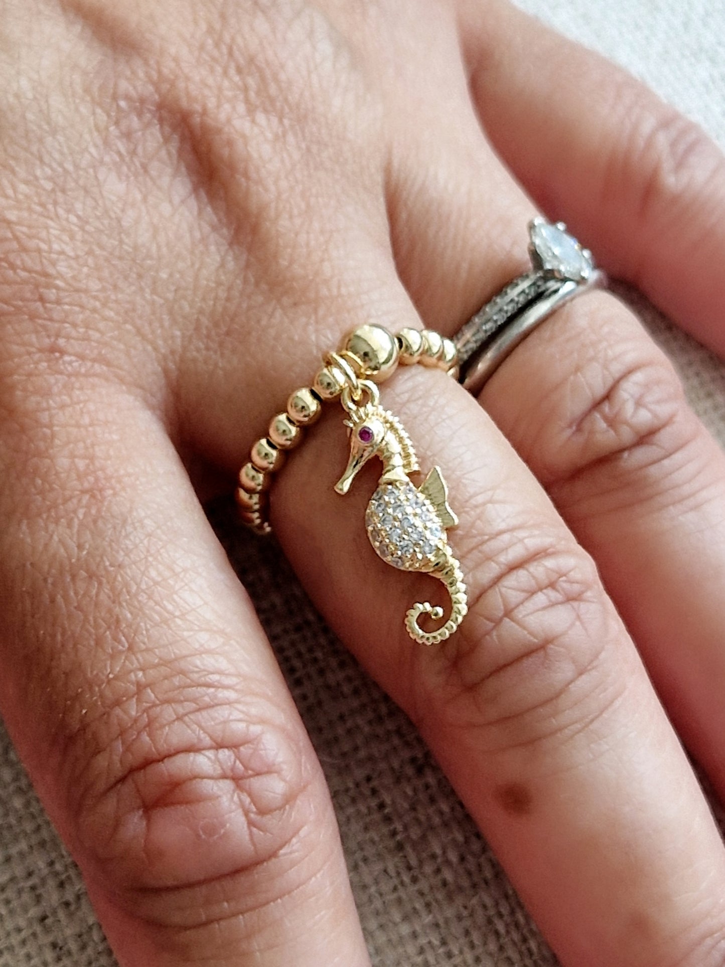 Gold Bobble Ring - Gold & Crystal Seahorse