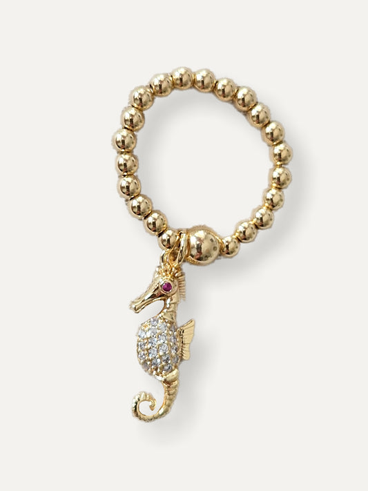 Gold Bobble Ring - Gold & Crystal Seahorse