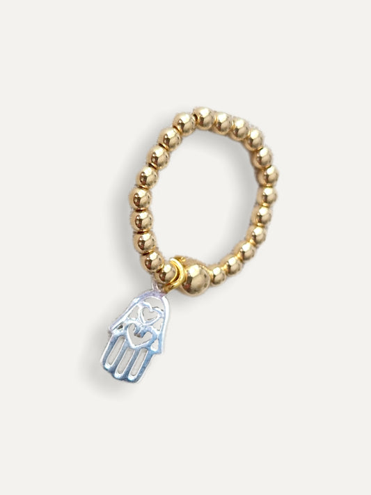 Gold Bobble Ring - Silver Hamsa Hand