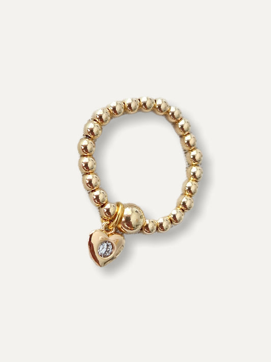 Gold Bobble Ring - Heart with Crystal