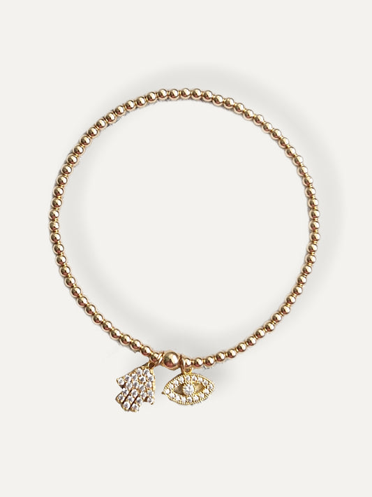 Gold Bobble Bracelet - Crystal  'Hamsa' & 'Eye' Charms