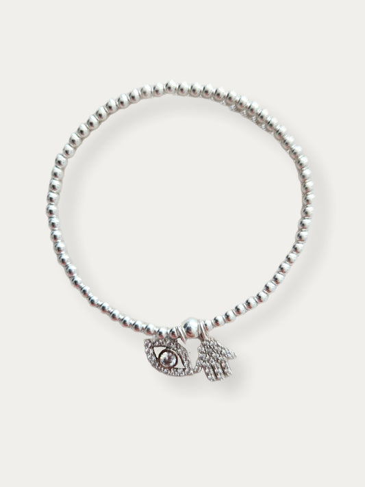 Silver Bobble Bracelet - Crystal  'Hamsa' & 'Eye' Charms