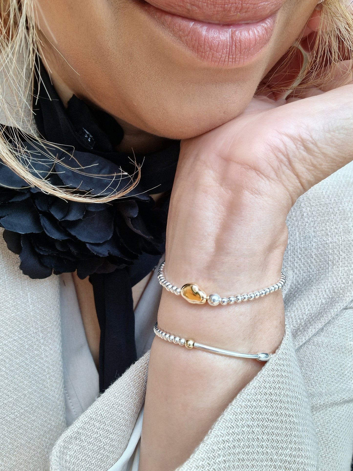 Silver Bobble with Gold Nugget Bracelet