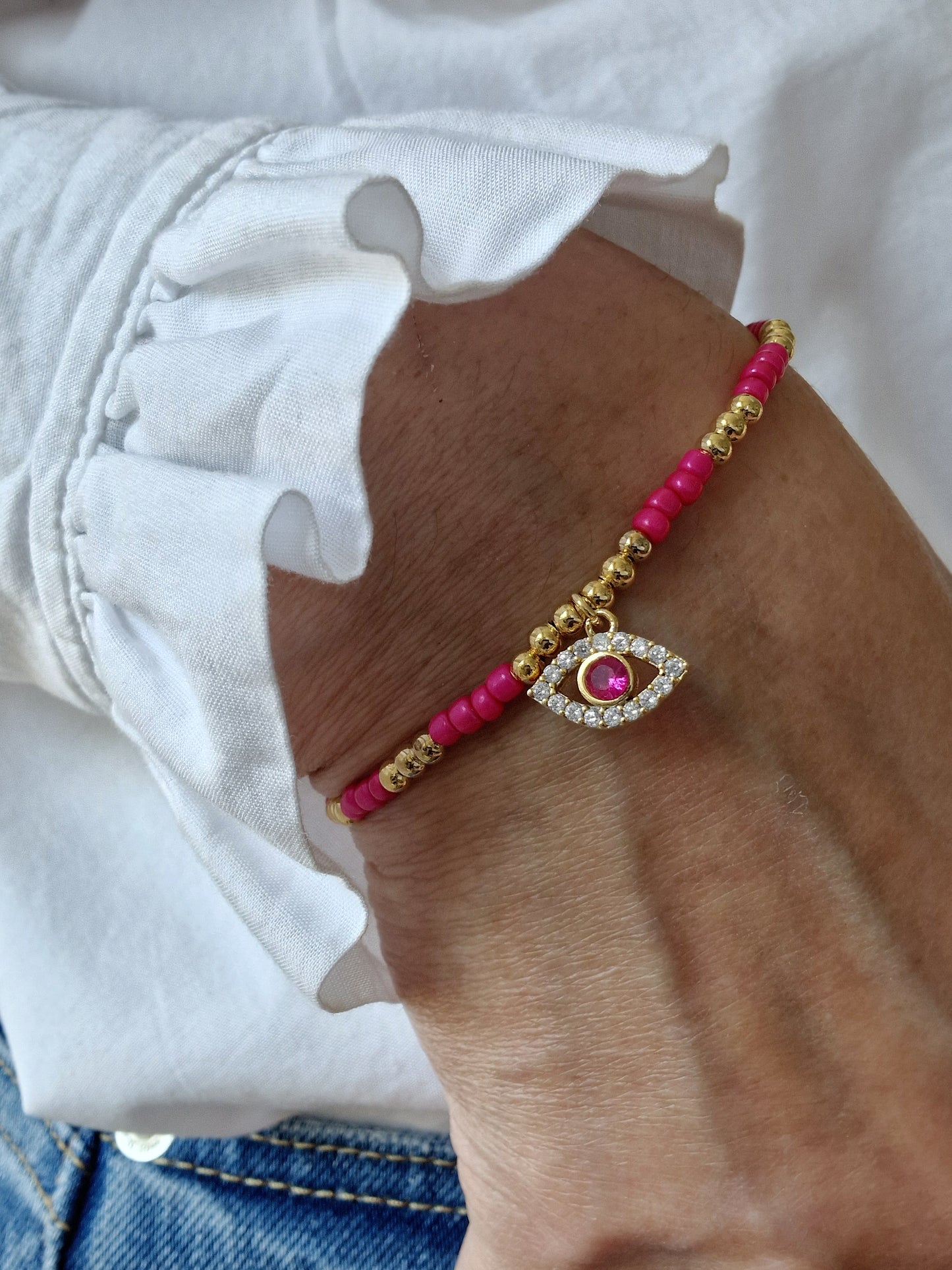 Gold & Pink Bracelet -Crystal & Pink Eye