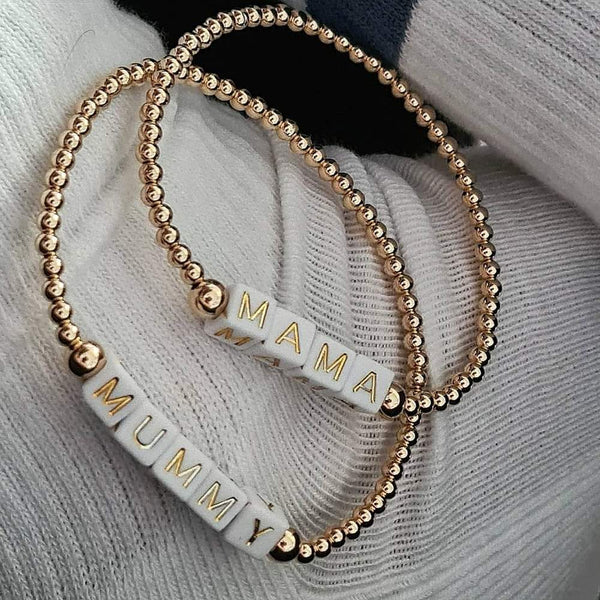The Luxury 'Letter' BRACELET(4 Styles) Rainbow LETTERING/WHITE Bead / 14kt Gold / Medium To Fit A 17cm Wrist